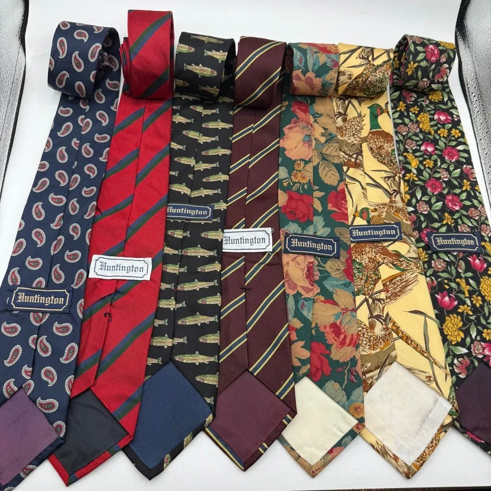 Huntington Mens Silk Necktie Lot of 7 Vintage Paisley Striped Fish Bird Floral